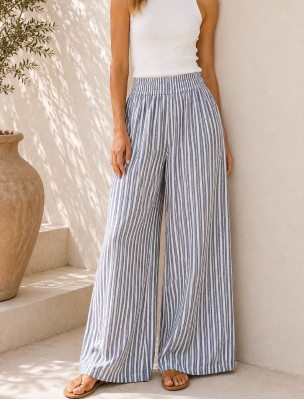 EVEREVE Blue Gray Stripe Linen Blend Wide Leg Pants Coastal Chic Pull On Small